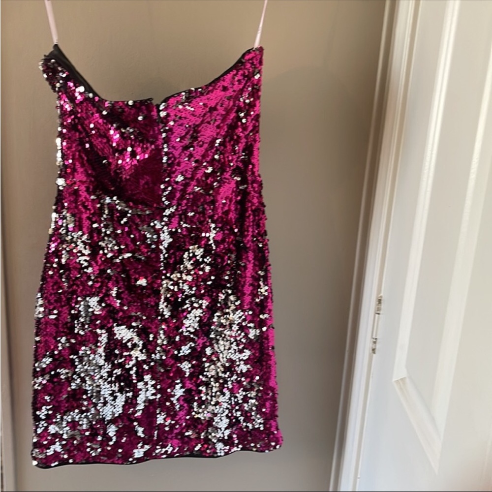 Lulus Strapless Sequined Fuscia/Silver Mini - image 2